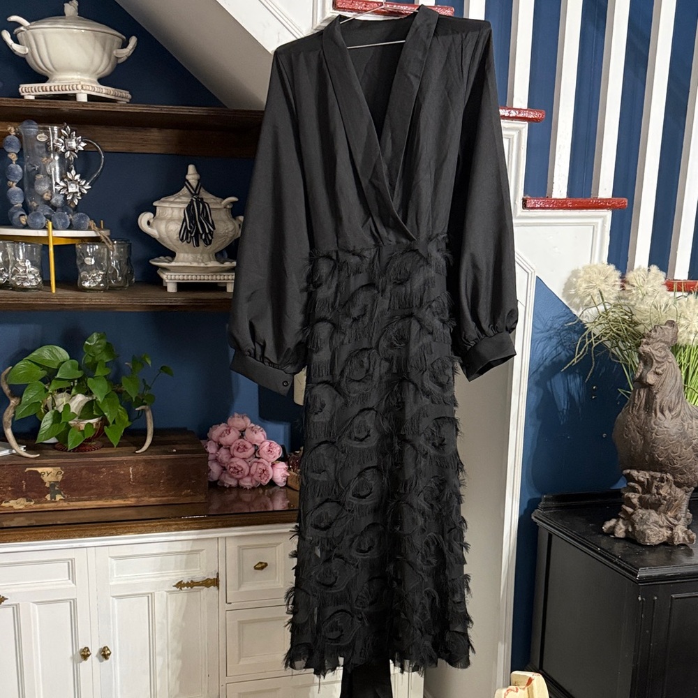 Black Textured Midi Dress with Feathered Rosette Skirt